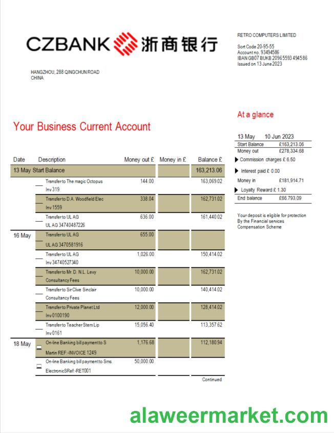 China Zheshang Bank business bank statement Word and PDF template